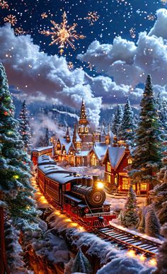 a train traveling through a snow covered forest filled with christmas trees next to a town