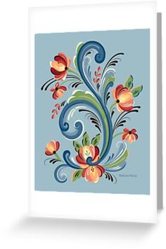 an art print with colorful flowers and swirls on a blue background in a white frame