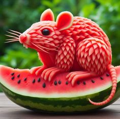 a watermelon shaped like a rat sitting on top of a piece of fruit