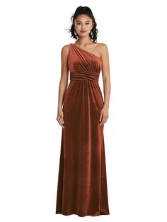 One-Shoulder Draped Velvet Maxi Dress | The Dessy Group Feminine Elegance, Elegant Bridesmaid Dresses, Velvet Maxi Dress, Velvet Maxi, Maxi Bridesmaid Dresses, Infinity Dress, Bridal Party Dresses, Bridesmaid Style, Dress Order