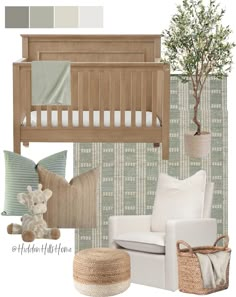 a baby's nursery room with neutral colors and accessories, including a crib