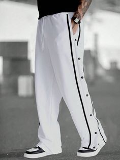 Men's Casual Sweatpants With Contrast Tape And Button On Side Going Out Casual Drawstring Straight Leg Color Block Sweatpants, For Husband, Boyfriend Gifts White    Fabric Striped Straight Leg Slight Stretch  Men Clothing, size features are:Bust: ,Length: ,Sleeve Length: Casual Sweatpants, Cool Outfits For Men, Mens Pants Fashion, Casual Black, Type Of Pants, Fashion Mode, Men's Sweatpants, Pants Trousers, Mens Sweatpants