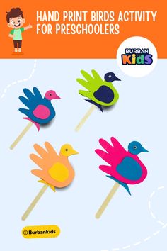 an image of hand print birds activity for preschoolers on the cover of a children's book