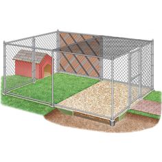 a drawing of a dog kennel with grass and dirt in the ground, next to a red house