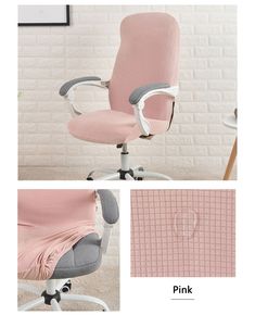 an office chair with pink and grey fabric