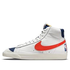 Celebrate the 75th anniversary of the NBA with the Nike NBA x Blazer Mid '77 EMB '75th Anniversary Knicks'. This iconic silhouette features a white upper with orange, blue void and sail accents, perfect for any activity. The rubber sole provides superior traction and durability. The design is inspired by the classic 1977 Blazer, making it a must-have for any sneaker collection. Get your pair of the Nike NBA x Blazer Mid '77 EMB '75th Anniversary Knicks' and show your support for the NBA. (SNKR/Skate/Men's/Mid Top) Throwback Nike High-top Sneakers, Throwback Basketball Shoes With Branded Insole, Nike Mid-top Throwback Basketball Shoes, Nike Throwback Basketball Shoes, Throwback Basketball Sneakers, Throwback High-top Basketball Shoes For Sports, Nike Collegiate Basketball Shoes, Nike Retro Basketball Shoes, Throwback Basketball Shoes