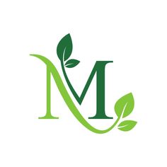 the letter m with leaves on it is shown in green and white letters are also used for