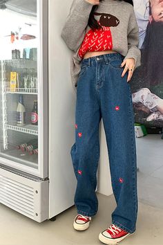 High Waist Red Daisy Embroidered Long Jeans Pants – Nada Outfit Land Casual High Waist Pants With Floral Embroidery, High Waist Cotton Pants With Floral Embroidery, Casual Baggy Pants With Floral Embroidery, Casual Red Bottoms With Floral Embroidery, Baggy Red Cotton Jeans, Red Cotton Bottoms With Floral Embroidery, Flower Jeans, Clothes Embroidery Diy, Dr Closet