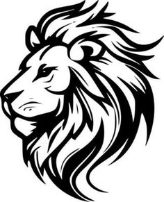 a lion's head is shown in black and white