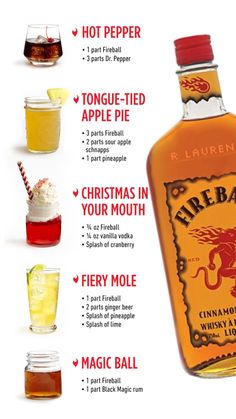 5 Fireball Whiskey Drinks to Try! Cinnamon Whiskey Drinks, Alcoholic Slush Recipes, Whiskey Mixed Drinks, Fireball Recipes, Shots Alcohol Recipes, Fireball Drinks, Bartender Drinks Recipes, Cinnamon Whiskey, Drinks To Try