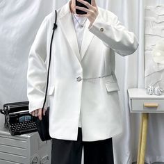 47577382617376|47577382650144|47577382682912 White Business Blazer With Button Closure, White Single Button Outerwear With Notch Lapel, White Single Button Blazer For Winter, White Blazer With Button Closure And Suit Collar, White Single-button Business Outerwear, White Single-breasted Outerwear With Suit Collar, White Suit Collar Outerwear For Office, White Single Button Winter Outerwear, White Button-up Business Blazer