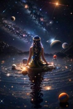 a woman sitting on top of a body of water surrounded by planets in the sky