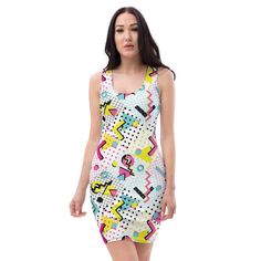 Make a statement and look fabulous in this all-over printed, fitted dress.  * 82% polyester, 18% spandex * Fabric weight: 6.78 oz/yd² (230 g/m weight may vary by 5% * Made with smooth, comfortable microfiber yarn * Material has a four-way stretch * Blank product components sourced from China This product is made especially for you as soon as you place an order, which is why it takes us a bit longer to deliver it to you. Making products on demand instead of in bulk helps reduce overproduction, so thank you for making thoughtful purchasing decisions! First Date Dress, Maximalist Outfits, 70s Inspired Outfits, African Party Dresses, Sailor Style, Summer Bodycon Dress, Sailor Fashion, African Print Dress, Movie Fashion