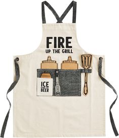 an apron that has some utensils in it and the words fire up the grill on it