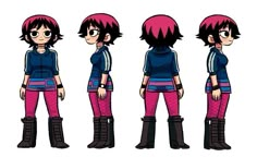 three different views of a girl with pink hair and black boots, standing in front of the