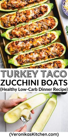 Top photo: Halved zucchini stuffed with a mix of ground turkey, beans, and corn, and topped with melted cheese. Bottom photo: Process photo of scooping out filling from zucchini. Turkey Taco Zucchini Boats, Taco Zucchini Boats, Taco Zucchini, Zucchini Boat Recipes, Dinner Recipes Healthy Low Carb, Ground Turkey Tacos, Turkey Taco, Vegetarian Chicken