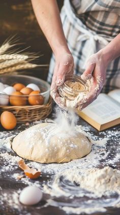 a person is kneading flour on top of a table with eggs and bread