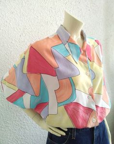 80s rare chalk print blouse, pop art colorful, short sleeve blouse, vacation shirt, summer top, pastel colors, viscose blouse, 44 size, colorblock, The blouse is beautiful but have near to the hem some flaws : two small pale yellow stains wich are barely visible and a very small hole near to the hem. If you use the blouse under a skirt or inside of a pair of jeans the flaws are not visible. Also have pale yellowi stain inside of the color wich is noy visible outside and two small holes near to t Spongebob Costume, Chalk Prints, Pastel Blouse, Viscose Blouse, Funky Outfits, Vintage Flare, Art Colorful, Vacation Shirts, Womens Blouses