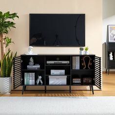 a living room with a large flat screen tv on the wall and bookshelves