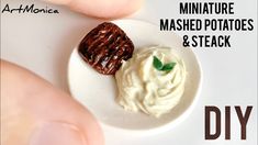 miniature mashed potatoes and steak on a white plate with text overlay that reads miniature miniature mashed potatoes and steak