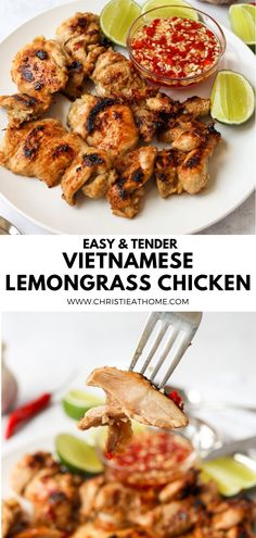 chicken and vegetables on a white plate with text overlay that reads easy & tender vietnamese lemongrass chicken