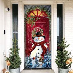 a decorated front door with potted plants and snowmen on the steps outside it