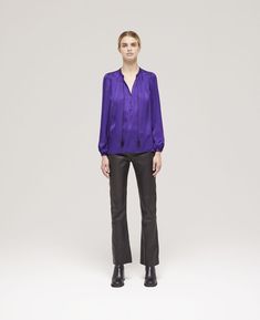 Purple shirt with puffed sleeves | The Kooples - US Satin Bluse, Purple Shirt, The Kooples, Long Puff Sleeves, Puffed Sleeves, Modern Outfits, The Purple, Puff Sleeve, Outlet