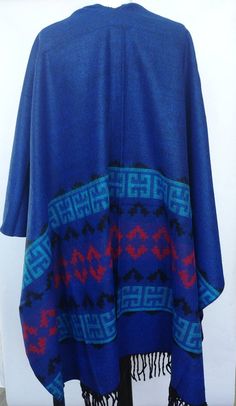 Royal Blue Poncho Double Sided Blanket Shawl Wrap Blue Cape Tribal Outerwear Women Coat Aztec Poncho Traditional Blue One-size Poncho, Traditional Blue Poncho, Bohemian Long Sleeve Blue Poncho, Winter Blue One-size Outerwear, Double Sided Blanket, Aztec Poncho, Turkish Textiles, Womens Black Coat, Blue Cape