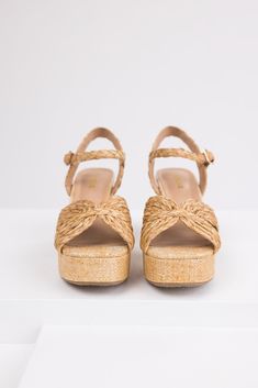 Raffia straw style knit Nude lightly cushioned insole Stacked heel Open toe Square toe Ankle strap with buckle closure Shaft: 5" Adjustable circumference Heel: 4" Platform: 1.5" Product measured on size 8 Mexico Trip Outfits, Vibe Hippie, Womens Espadrilles Wedges, Summer Aesthetics, Raffia Sandals, Cute Shoe, Summer Shoe, Nude Shoes, Platform Block Heels