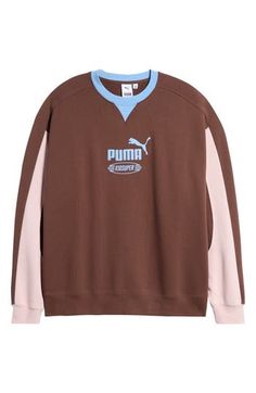 Rich branded embroidery with a lovely sheen scrawls along the back of this playful but modern colorblock sweatshirt designed in collaboration with KidSuper. Crewneck Ribbed cuffs and hem Cotton/elastane Machine wash, dry flat Imported Colorblock Sweatshirt, Color Block Sweatshirt, Espresso Brown, Puma X, Sweatshirt Designs, The Back, Crewneck Sweatshirt, Color Blocking, Espresso