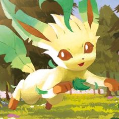 an animated image of a pikachu running through the grass with trees in the background