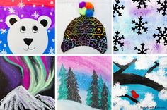 four different paintings with snowflakes, trees, and polar bears in the background