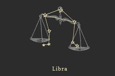 the libra zodiac sign on a black background with gold stars in front of it