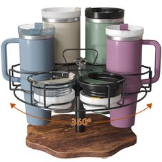 there are many different types of coffee mugs on this stand with the same price