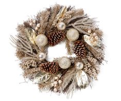 a christmas wreath with pine cones and ornaments