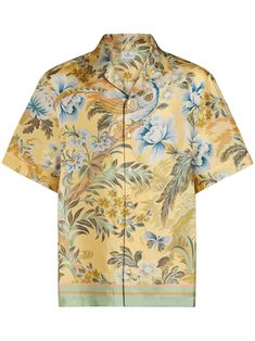 beige/multicolour silk satin finish all-over floral print camp collar front button fastening short sleeves straight hem Printed Silk Shirt, Silk Shirt, Satin Finish, Silk Satin, Silk Printing, Fashion Item, Top Brands, Floral Print, Floral Prints