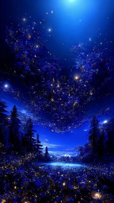 the night sky is full of stars and lights as if they were floating in space