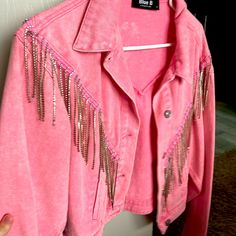 Brand New Pink Jean Jacket With Rhinestone Detailing. Originally $75 At A Local Boutique. Blue B Collection, Size Small. Spring Party Outerwear With Rhinestone Fringe, Pink Embellished Winter Outerwear, Casual Long Sleeve Outerwear With Rhinestone Fringe, Pink Embellished Spring Outerwear, Pink Embellished Fitted Outerwear, Pink Embellished Long Sleeve Outerwear, Fitted Pink Embellished Outerwear, Pink Jean Jacket, Rhinestone Jacket