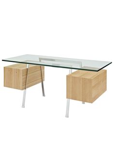 a glass and wood desk with two drawers