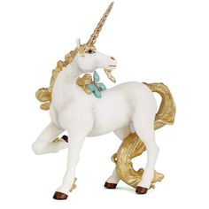 a white and gold unicorn figurine on a white background