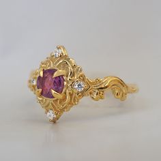 Experience the timeless allure of Paris with the Serenade Ring, a breathtaking ring that captures the essence of romance and elegance. At its heart, a mesmerizing purple/pink hue sapphire commands attention, exuding a regal and enchanting aura. The band features delicate, romantic curves in its band design, reminiscent of the elegant movements of a serenade. The french name Serenade, a melodic expression of love and admiration often performed under the starry Parisian sky. This exquisite ring embodies that very spirit, serenading your senses with its captivating beauty and sophisticated charm. All orders come in our Tippy Taste ring box. This ring is handmade and designed in NYC. 14K or 18K solid gold Natural round sapphire with purple & pink hues, 4.5mm Natural round diamonds. SI clarity, It Band, Round Sapphire, Band Design, Purple Sapphire, Ring Box, Round Diamonds, Solid Gold, Aura, 18k Gold