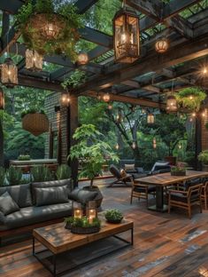 an outdoor living area with lots of furniture and lights