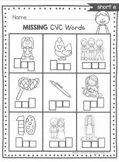 the missing cvc words worksheet is shown in black and white with an image of