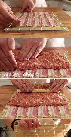 the process of making bacon wrapped sandwiches is shown in three different stages, including being cut and prepped