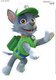 a cartoon dog with a green hat and backpack on it's back, running