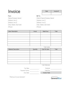 an invoice form with the name and number of items to be used on it