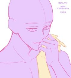 a drawing of a person with pink hair and blue eyes holding his hand to his face