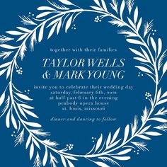 a blue and white wedding card with the words taylorwells & mark young on it