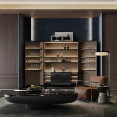 a living room filled with lots of furniture next to a tall book shelf full of glasses