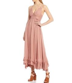 Free People Mauve Pink S Smocked Viscose Maxi Lined Crochet Cleavage dress Fairy | eBay Free People Adella, Slip Midi Dress, Ankle Length Dress, Free People Clothing, Ruffle Hem Dress, Lace Slip, Dress Silhouette, Lace Ruffle, Crochet Details